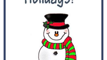 A cartoon snowman in a black top hat and striped scarf. The text reads Happy Winter Holidays