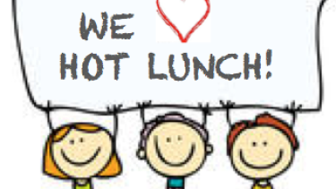three students holding a sign that says we love hot lunch