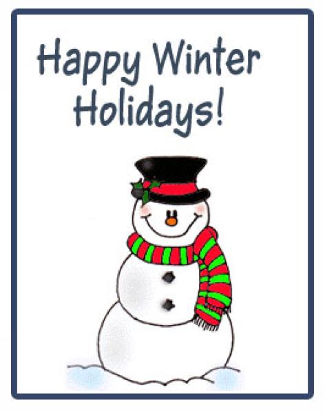 A cartoon snowman in a black top hat and striped scarf. The text reads Happy Winter Holidays